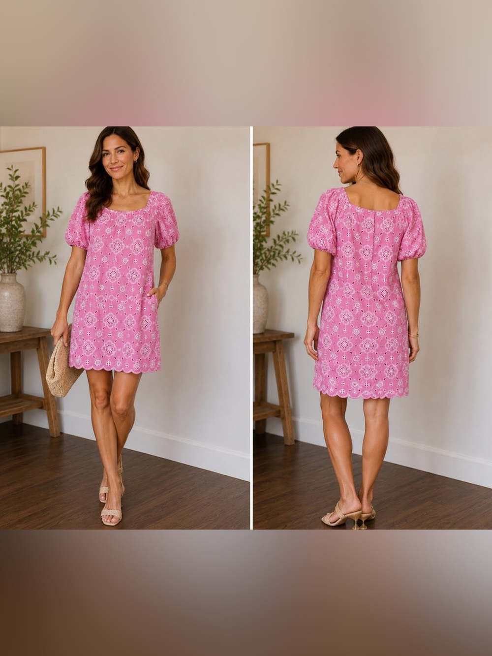 Talbots Pink Eyelet Embroidered Puff Sleeve Shift Dress size 14